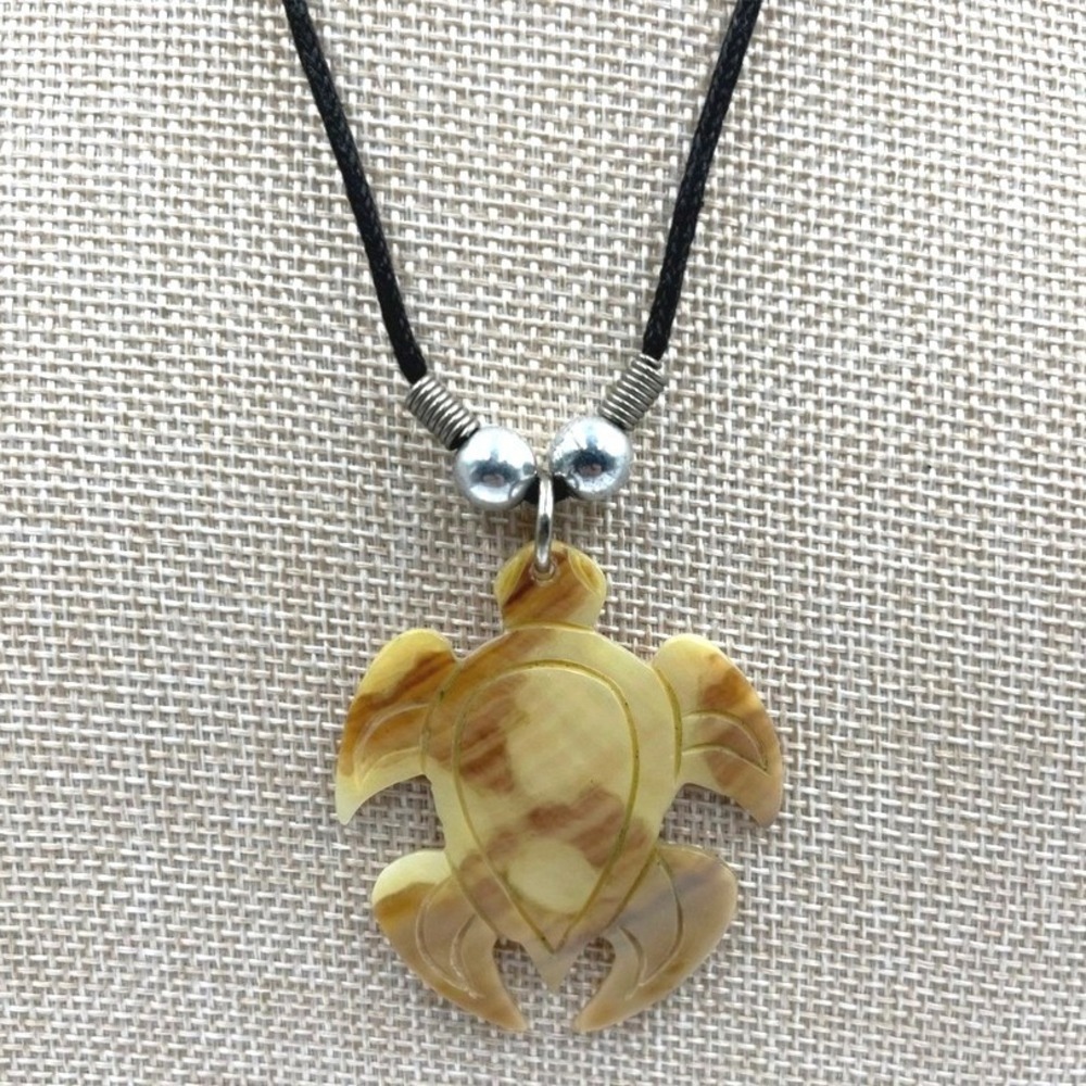 Vintage Carved Turtle Pendant Necklace Faux Shell Cord 20" Beach Boho Tropical